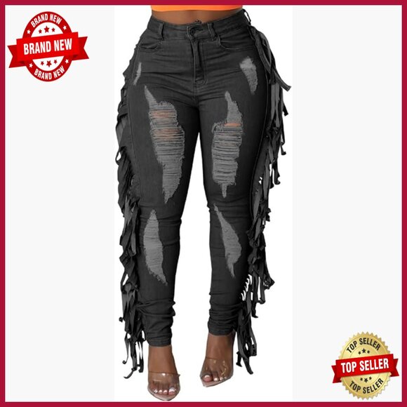 Denim - High Waisted Ripped Skinny Jeans Distressed Denim Pants Stretchy Fit